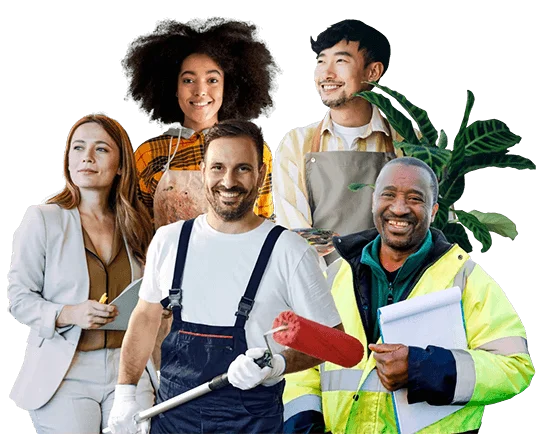 a group of smiling tradespeople and small business owners